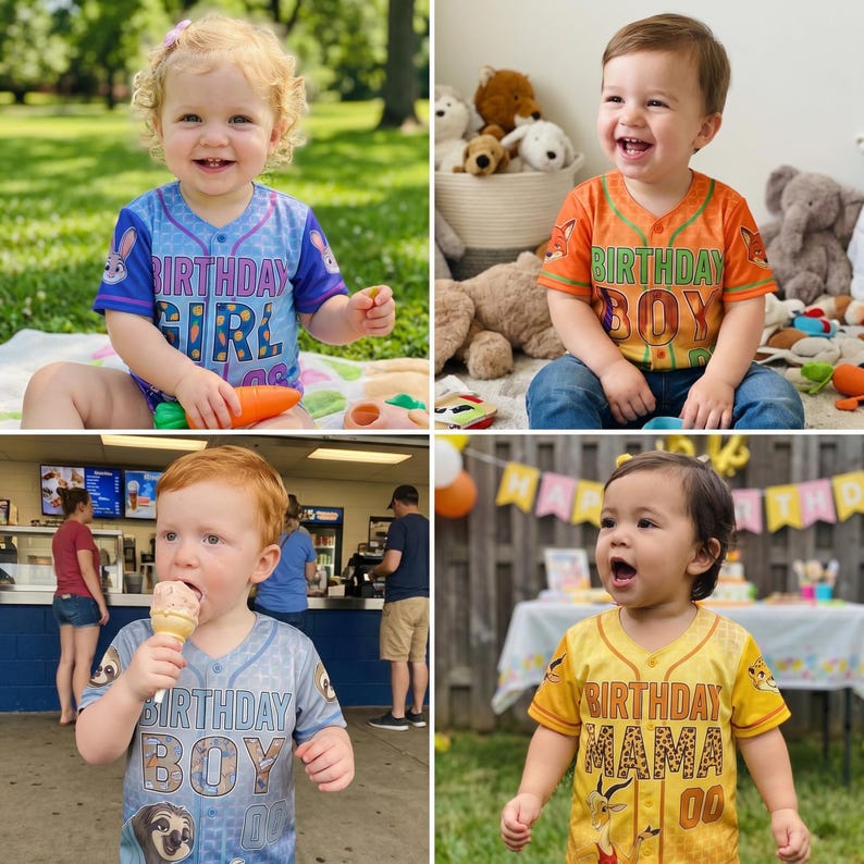 Pu&ograve; includere: Una collezione di quattro maglie da baseball a maniche corte con bottoni, caratterizzate da varie grafiche di animali e scritte come Birthday Girl, Birthday Boy e Birthday Mama, con motivi colorati e numeri stampati sul davanti di ogni maglia.