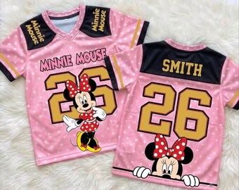 Minnie Mouse Football Jersey, Personalized Disney Jersey, Custom Name Number Sports Shirt, Disney Birthday Gift, Family Trip Game Day Jersey
