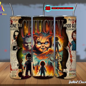 Horror Character 20 oz Skinny Tumbler Sublimation Designs Png, Horror For Straight/Tapered Wrap Png, Horror Newspaper Png, Digital Download