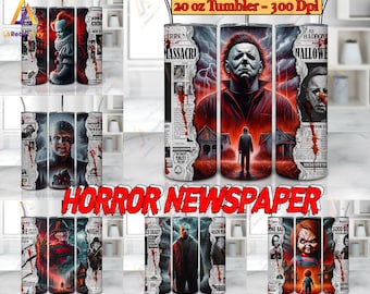 6 Horror Characters 20 oz Skinny Tumbler Sublimation Design png, Horror 20oz Tumbler Template Png, Horror Newspaper Png , Digital Download