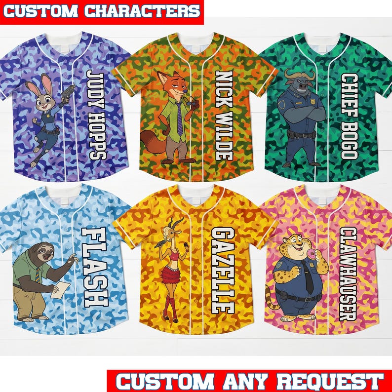 May include: Six short-sleeved button-down baseball jerseys featuring Zootopia characters. Each shirt has a unique camouflage pattern in purple, orange, green, blue, yellow, or pink, with a character graphic and their name printed vertically.