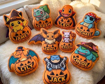 PKM Halloween Pillow, Personalized Pikachu Halloween Pillow, Custom Name PKM Pumpkin Cushion, Gift For Kids PKM Fans