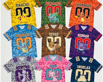 Poke Monsters Personalized Jersey, Eevee Gengar Mew Mewtwo Snorlax Custom Football Shirt, PKM Birthday Family Gift