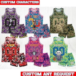 May include: Six sets of sleeveless jerseys and shorts featuring characters from The Nightmare Before Christmas. Each set displays a character name, a large number 00, and a unique camouflage pattern in colors like purple, pink, green, and red.