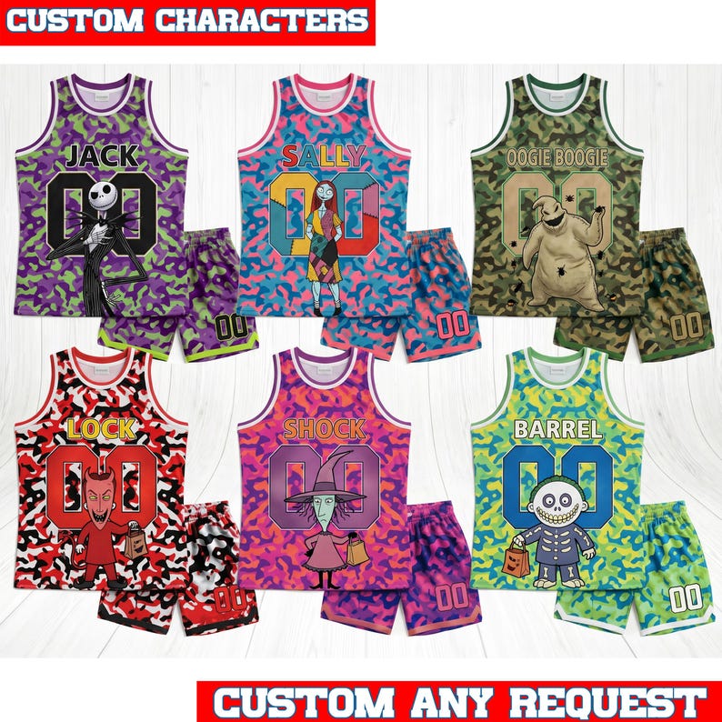 May include: Six sets of sleeveless jerseys and shorts featuring characters from The Nightmare Before Christmas. Each set displays a character name, a large number 00, and a unique camouflage pattern in colors like purple, pink, green, and red.