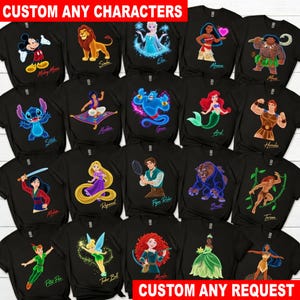 Puede incluir: Una colecci&oacute;n de camisetas negras con varios personajes animados, incluyendo a Mickey Mouse, Simba, Elsa, Moana, Maui, Stitch, Aladdin, Genie, Ariel, Hercules, Mulan, Rapunzel, Flynn Rider, Beast, Tarzan, Peter Pan, Tinker Bell, Merida, Tiana y Pocahontas.