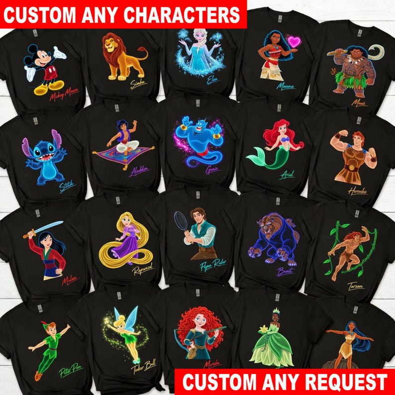 Puede incluir: Una colecci&oacute;n de camisetas negras con varios personajes animados, incluyendo a Mickey Mouse, Simba, Elsa, Moana, Maui, Stitch, Aladdin, Genie, Ariel, Hercules, Mulan, Rapunzel, Flynn Rider, Beast, Tarzan, Peter Pan, Tinker Bell, Merida, Tiana y Pocahontas.