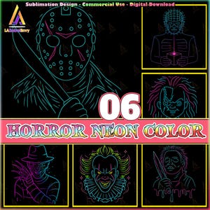 6 Designs Horror Characters Png, Neon Color Design, Love Horror Movies, Horror Spooky Clipart, Halloween Shirt Template Png, Digital File