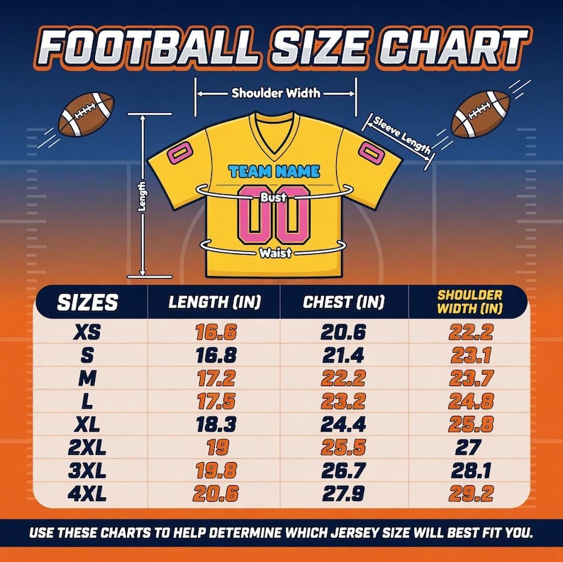 May include: A football size chart graphic featuring a yellow V-neck jersey with pink accents, labeled TEAM NAME and 00. The chart displays measurements in inches for length, chest, and shoulder width across sizes XS to 4XL on a blue and orange background.