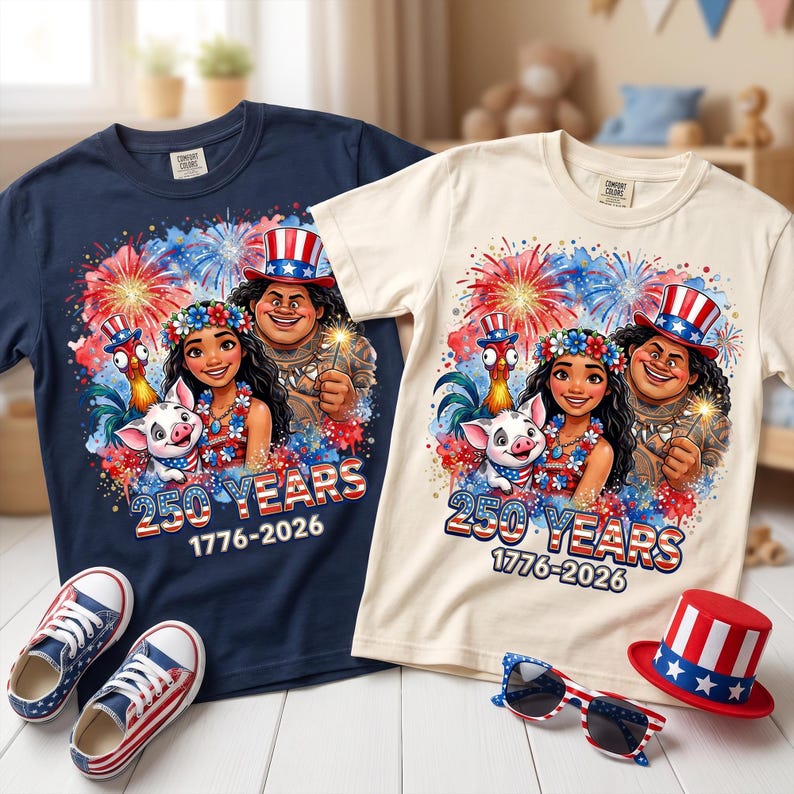 Puede incluir: Una camiseta azul marino y una crema con un gr&aacute;fico de dos personajes animados, un cerdo y un gallo con sombreros patri&oacute;ticos. Fuegos artificiales y el texto 250 YEARS 1776-2026 est&aacute;n impresos debajo, junto con zapatillas y accesorios a juego.