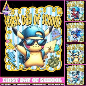 4 Designs First Day Of School Png Bundle, Cartoon First Day Of School Png, Cute Cartoon Png, Kindergarten Png, School Bundle, Digital File