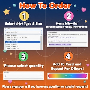 May include: An instructional graphic titled How To Order with four numbered steps. It displays dropdown menus for selecting shirt type, size, and quantity, a text box for personalization details, and an Add to cart button on a dark background.