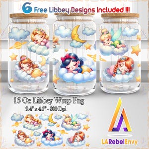 Cute Princess Png, 16 oz Libbey Glass Can Wrap Png, Princess 16oz Tumbler Wrap, Sleeping Princess On Cloud Png, Commercial Use, Digital File