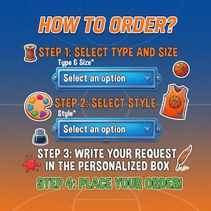 May include: An instructional graphic titled HOW TO ORDER? with four steps. Step 1: SELECT TYPE AND SIZE with a dropdown menu. Step 2: SELECT STYLE with a dropdown menu. Step 3: WRITE YOUR REQUEST IN THE PERSONALIZED BOX. Step 4: PLACE YOUR ORDER!