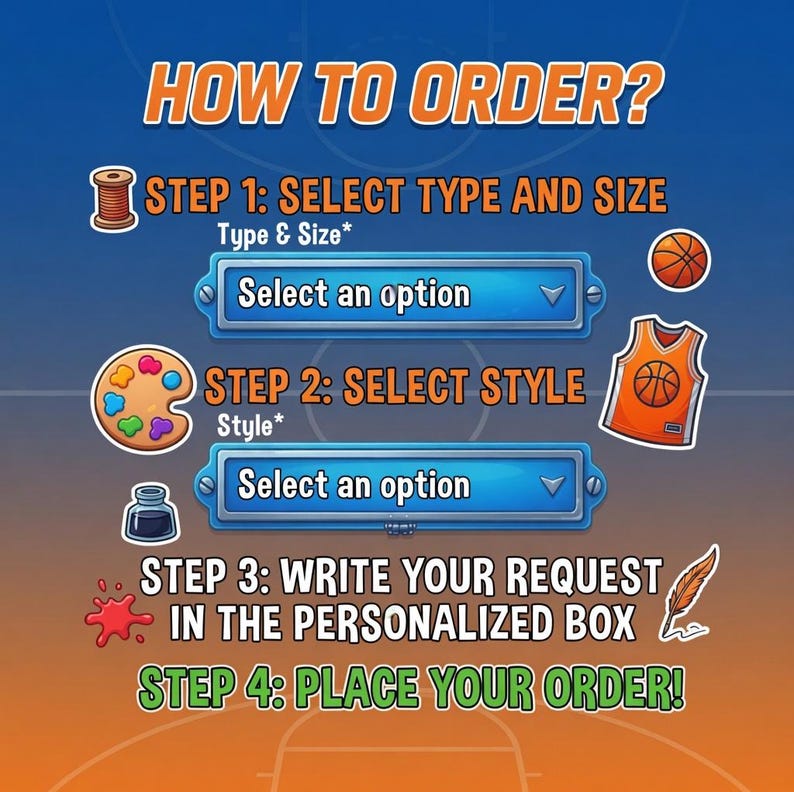 May include: An instructional graphic titled HOW TO ORDER? with four steps. Step 1: SELECT TYPE AND SIZE with a dropdown menu. Step 2: SELECT STYLE with a dropdown menu. Step 3: WRITE YOUR REQUEST IN THE PERSONALIZED BOX. Step 4: PLACE YOUR ORDER!