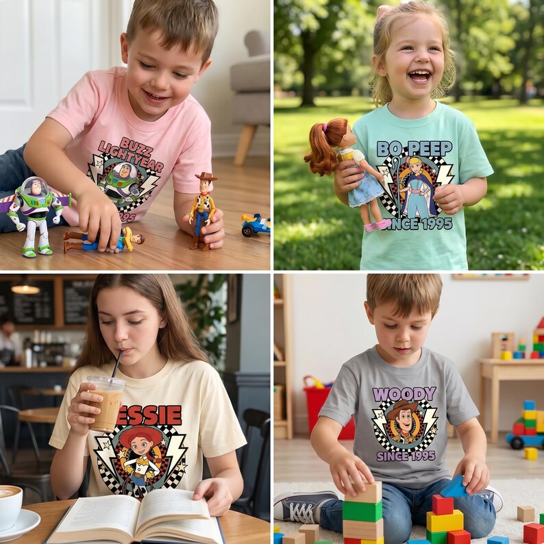May include: A collection of four t-shirts featuring Toy Story characters. One light pink shirt says Buzz Lightyear Since 1995, a light green shirt says Bo Peep Since 1995, a cream shirt says Jessie, and a gray shirt says Woody Since 1995.