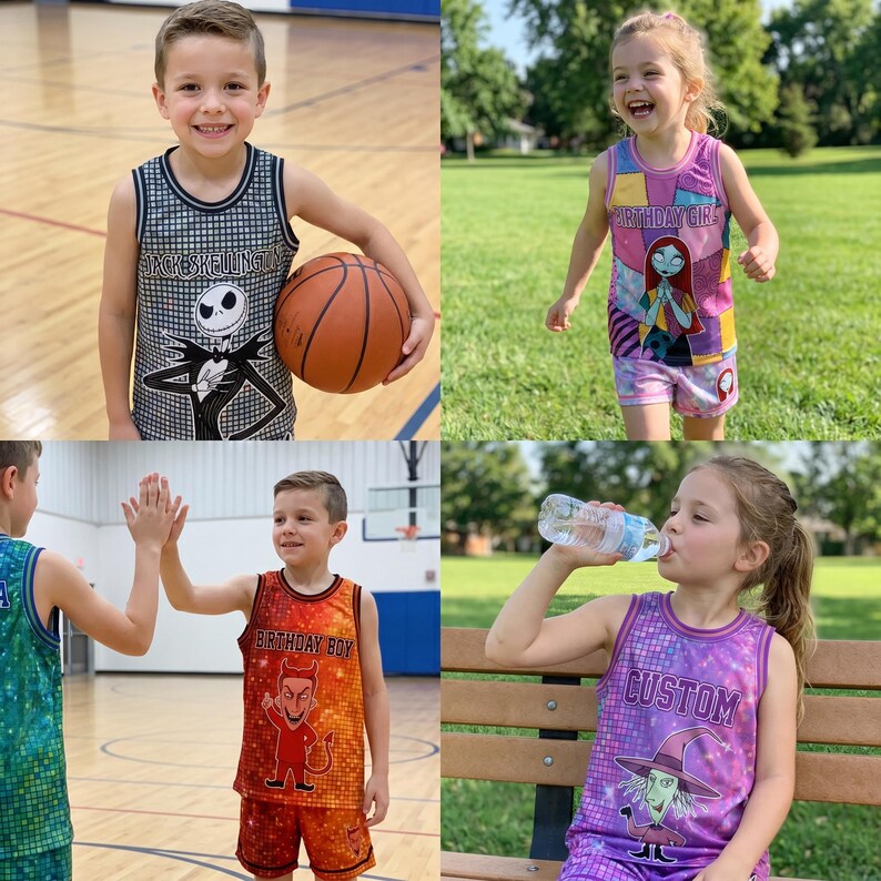 May include: A collection of four sleeveless tank tops and shorts sets featuring character graphics. Designs include a black and white Jack Skellington print, a pink Sally birthday set, an orange devil print, and a purple witch custom outfit.