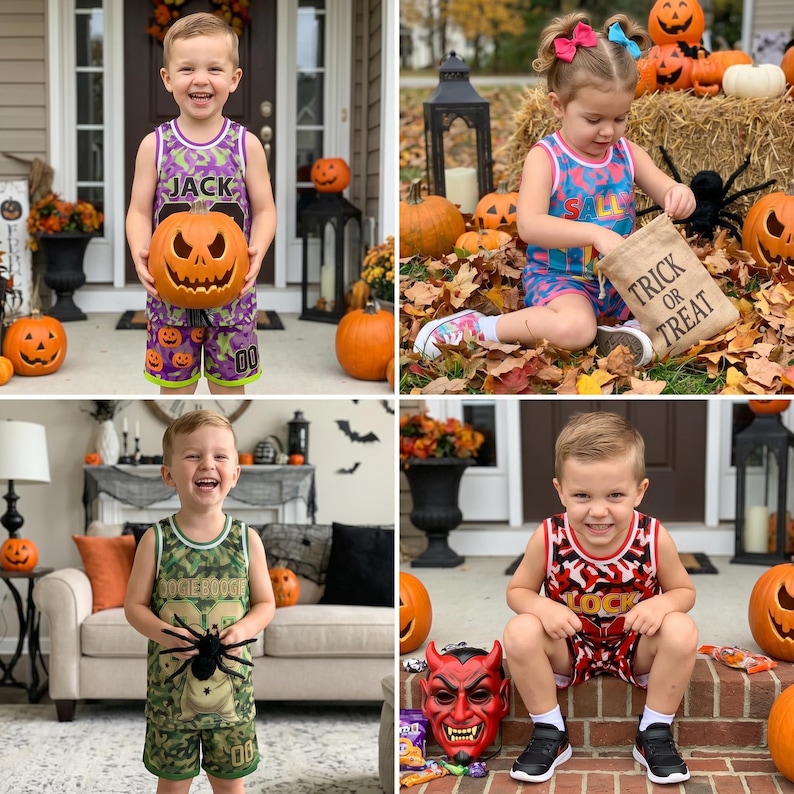 May include: A collection of four children wearing sleeveless athletic jerseys and matching shorts featuring Halloween-themed prints, including characters named Jack, Sally, and Oogie Boogie, with vibrant colors and graphic patterns.