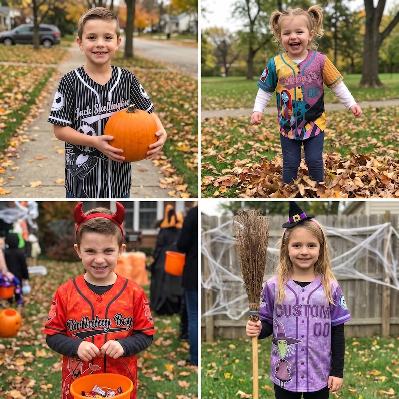 K&ouml;nnte beinhalten: Eine Collage aus vier Kindern, die gekn&ouml;pfte Baseball-Trikots tragen. Die Trikots zeigen verschiedene grafische Drucke, darunter Jack Skellington, Sally und Halloween-Motive, kombiniert mit lang&auml;rmeligen Oberteilen und Kopfbedeckungen.