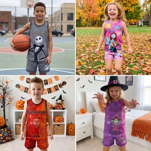 May include: A collection of four children's sleeveless tank top and shorts sets featuring various character graphics including Jack Skellington, Sally, a devil, and a witch, with text such as Birthday Boy and Birthday Girl printed on the shirts.