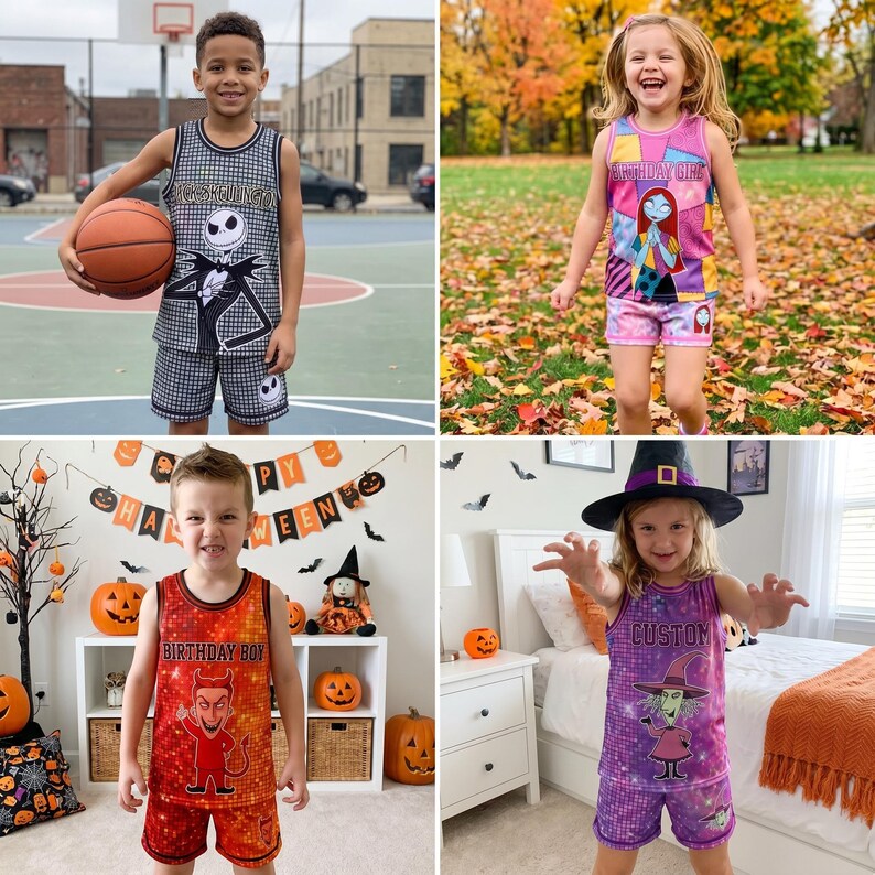 May include: A collection of four children's sleeveless tank top and shorts sets featuring various character graphics including Jack Skellington, Sally, a devil, and a witch, with text such as Birthday Boy and Birthday Girl printed on the shirts.