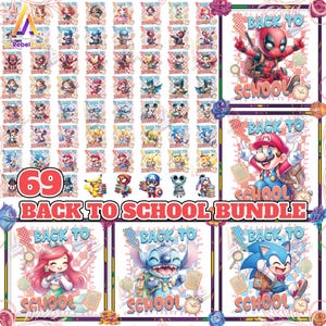 Plus de 60 modèles pour la rentrée des classes, Png dessin animé pour la rentrée, Personnages mignons de film, Pack d'écoles au format PNG, Png quadrillé, Fichier numérique