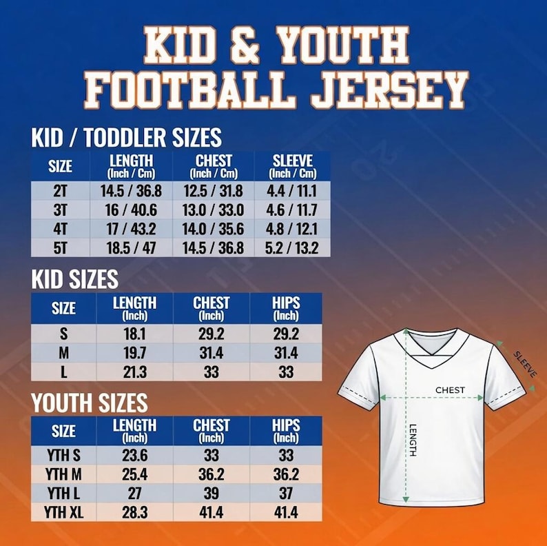 May include: A size chart for a kid and youth football jersey featuring a white v-neck shirt illustration with labeled length, chest, and sleeve measurements. The table lists sizes 2T through 5T, S through L, and YTH S through YTH XL in inches and cm.