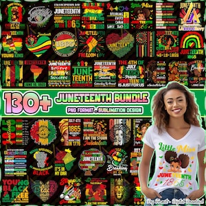 Puede incluir: Un paquete de descarga digital de más de 130 diseños de sublimación con temas de Juneteenth. Los diseños incluyen varios gráficos, texto e ilustraciones en colores negro, verde y rojo. Los diseños son perfectos para crear camisetas, tazas, bolsas de mano y otras mercancías.