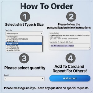 May include: An instructional graphic titled How to Order with four steps. Step 1 shows a dropdown menu for shirt type and size. Step 2 displays a personalization box with instructions and an example. Step 3 shows a quantity selector. Step 4 shows an Add to cart button.