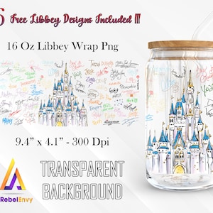 Castle And Signatures Of Cartoon Characters For Design 16oz Libbey Glass Can Wrap Png, Cartoon Castle Png, Instant Digital Download