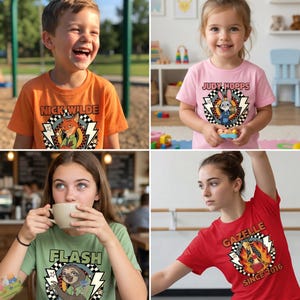 May include: A collection of four t-shirts featuring Zootopia characters. One orange shirt shows Nick Wilde, a pink shirt shows Judy Hopps, a light green shirt shows Flash, and a red shirt shows Gazelle with the text Gazelle Since 2016.