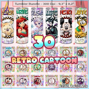 Lot de 30 modèles de personnage de dessin animé vintage Png, 20 oz gobelet maigre sublimation dessins Png, princesse Png, méchant Png, fichier numérique