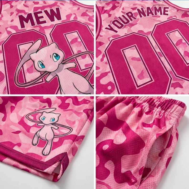 May include: A pink camouflage mesh basketball jersey and shorts set featuring the character Mew, the text MEW or YOUR NAME, and the number 00 in large dark pink font. The athletic apparel includes a sleeveless top and shorts with side pockets.