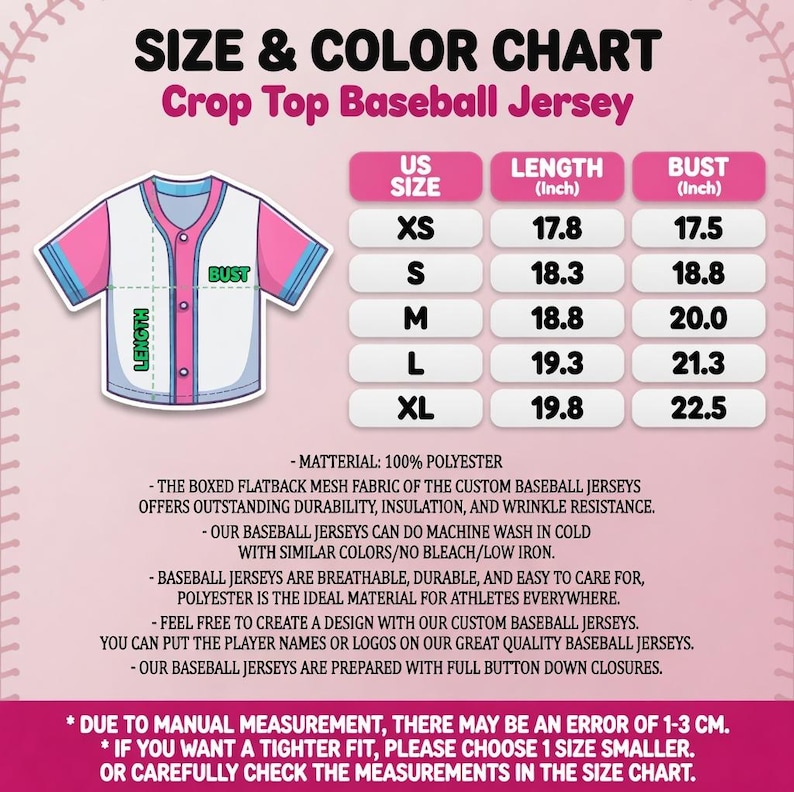 May include: A size and color chart for a crop top baseball jersey. The graphic displays a white jersey with pink sleeves and blue trim, alongside a table listing US sizes XS to XL with corresponding length and bust measurements in inches.