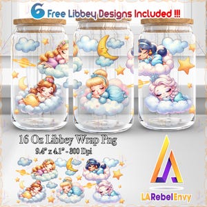 Cute Princess Png, 16 oz Libbey Glass Can Wrap Png, Princess 16oz Tumbler Wrap, Sleeping Princess On Cloud Png, Commercial Use, Digital File