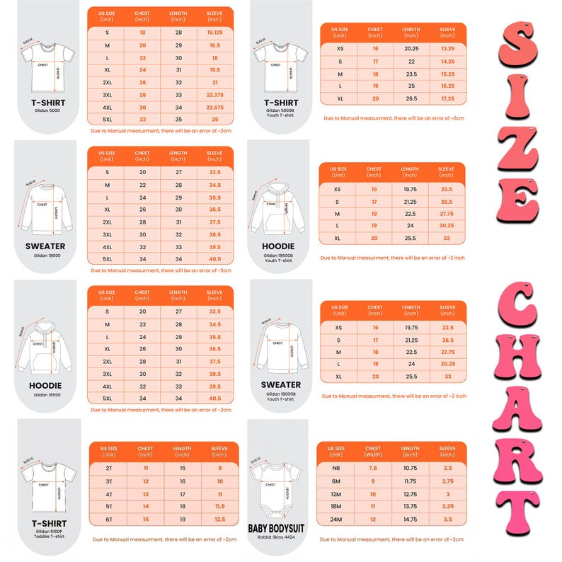 May include: A comprehensive size chart featuring multiple tables for t-shirts, sweaters, hoodies, and baby bodysuits. Each table displays US size, chest, length, and sleeve measurements in inches. The text SIZE CHART is written vertically in pink.