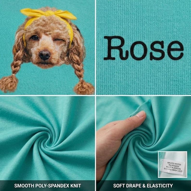 May include: A teal t-shirt featuring a graphic of a brown poodle with a yellow bow and braided ears, with the text Rose printed in black. The fabric is a smooth poly-spandex knit with soft drape and elasticity, including a tag with care instructions.