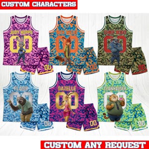 May include: Six sets of basketball jerseys and shorts featuring Zootopia characters Judy Hopps, Nick Wilde, Chief Bogo, Flash, Gazelle, and Clawhauser. Each set displays a character, their name, and the number 00 on a camouflage patterned fabric.