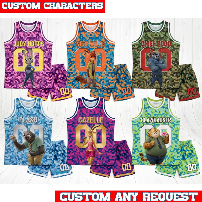 May include: Six sets of basketball jerseys and shorts featuring Zootopia characters Judy Hopps, Nick Wilde, Chief Bogo, Flash, Gazelle, and Clawhauser. Each set displays a character, their name, and the number 00 on a camouflage patterned fabric.