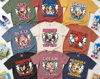 Sonic The Hedgehog T Shirt, Sonic Shadow Knuckles Tails Amy Rose Rouge Blaze Silver Character Tee, Sonic Gift For Kids Fans