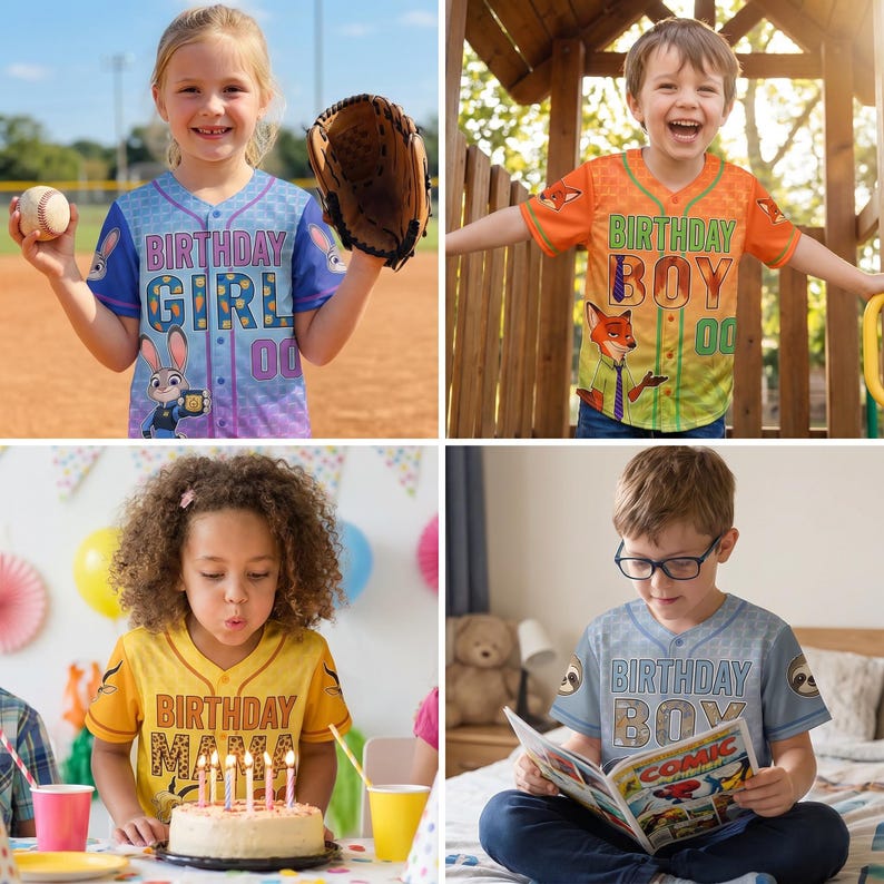 Pu&ograve; includere: Una collezione di quattro maglie in stile baseball con grafiche di personaggi e testo. Una maglia blu riporta Birthday Girl, una arancione Birthday Boy, una gialla Birthday Mama e una grigia riporta Birthday Boy.