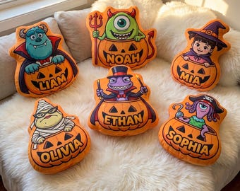 Monsters Inc Halloween Pillow, Personalized Sulley Mike Wazowski Pillow, Custom Name Pumpkin Cushion, Disney Pixar Gift For Kids