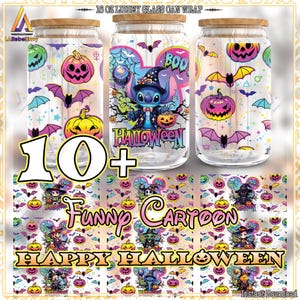 17 Designs Funny Halloween For 16oz Libbey Glass Can Wrap Png, Cartoon Character Png, Halloween 16oz Tumbler Template Png, Digital Download