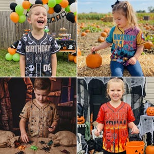May include: A collection of four button-down baseball jerseys featuring themed graphics. One black jersey says BIRTHDAY BOY, one multicolored jersey says BIRTHDAY GIRL, one tan jersey says BIRTHDAY DAD, and one red jersey says BIRTHDAY SQUAD.