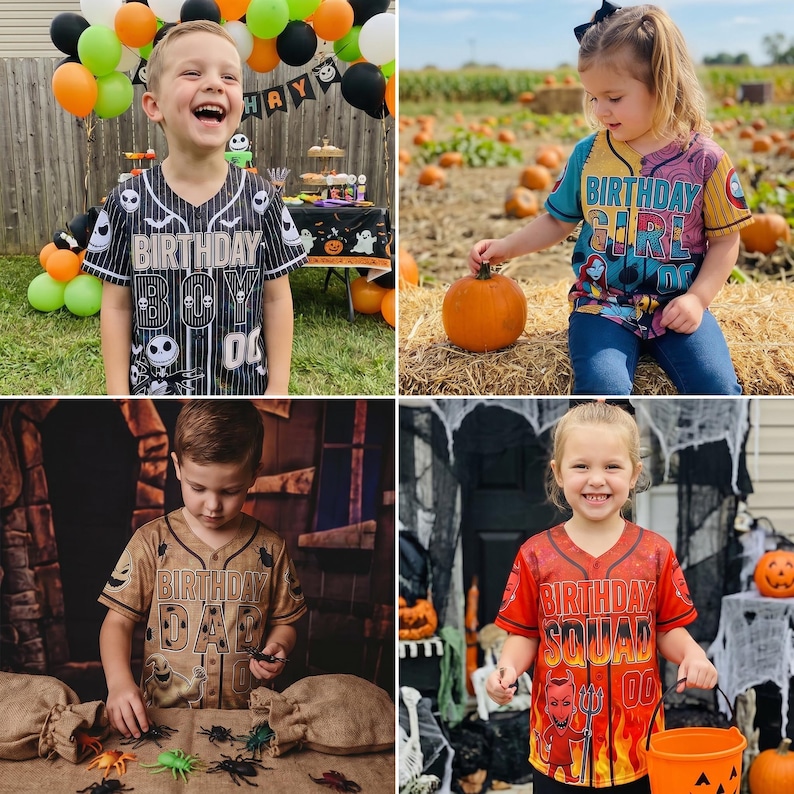 May include: A collection of four button-down baseball jerseys featuring themed graphics. One black jersey says BIRTHDAY BOY, one multicolored jersey says BIRTHDAY GIRL, one tan jersey says BIRTHDAY DAD, and one red jersey says BIRTHDAY SQUAD.