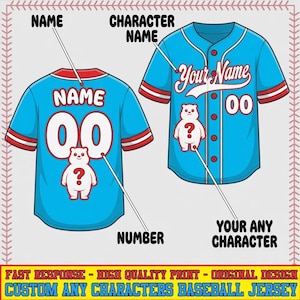 May include: A light blue baseball jersey with red and white sleeve stripes and button-down front. The design features the text Your Name, the number 00, and a white bear graphic with a question mark. Lines point to Name, Character Name, and Number.