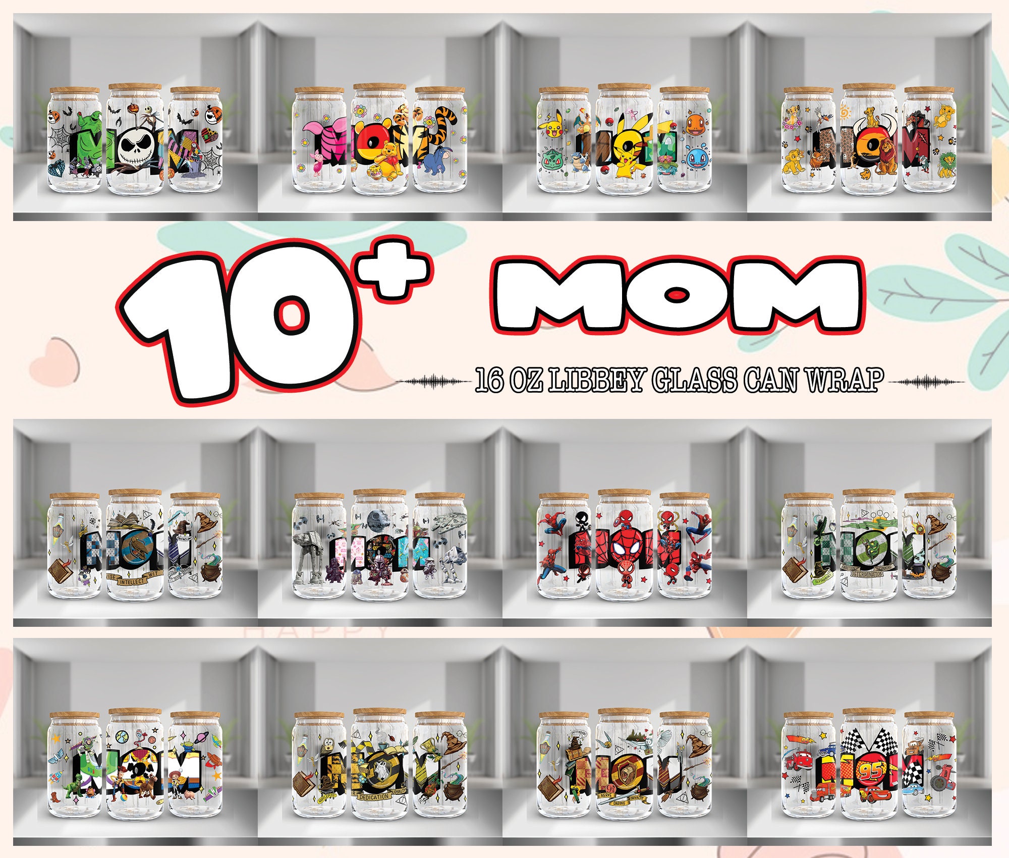 13 Designs Mom For 16oz Libbey Glass Can Wrap Png, Mother's Day Png Bundle, Mother's 16oz Tumbler Template Png, Instant Digital Download
