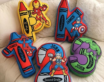 Personalized Marvel Avengers Number Pillow, Iron Man Captain America Thor Hulk Spider-Man Pillow, Custom Name Birthday Gift