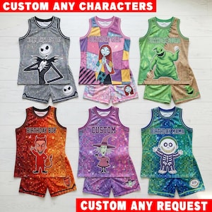 May include: Six sets of sleeveless jerseys and shorts featuring characters from The Nightmare Before Christmas. Each set displays unique colors, patterns, and text including Jack Skellington, Sally, Oogie Boogie, Lock, Shock, and Barrel.