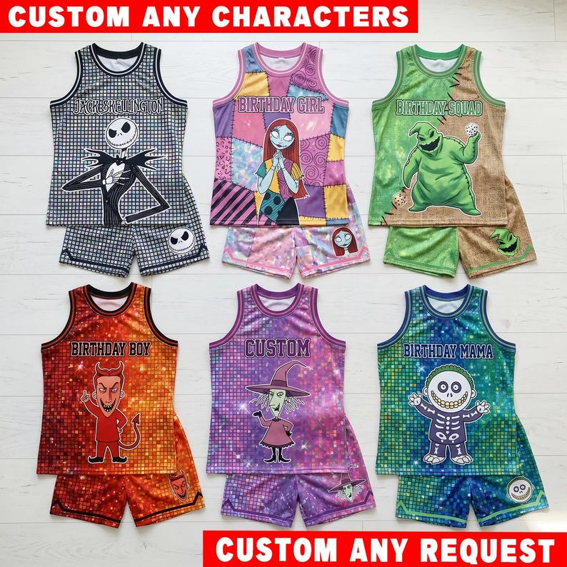 May include: Six sets of sleeveless jerseys and shorts featuring characters from The Nightmare Before Christmas. Each set displays unique colors, patterns, and text including Jack Skellington, Sally, Oogie Boogie, Lock, Shock, and Barrel.